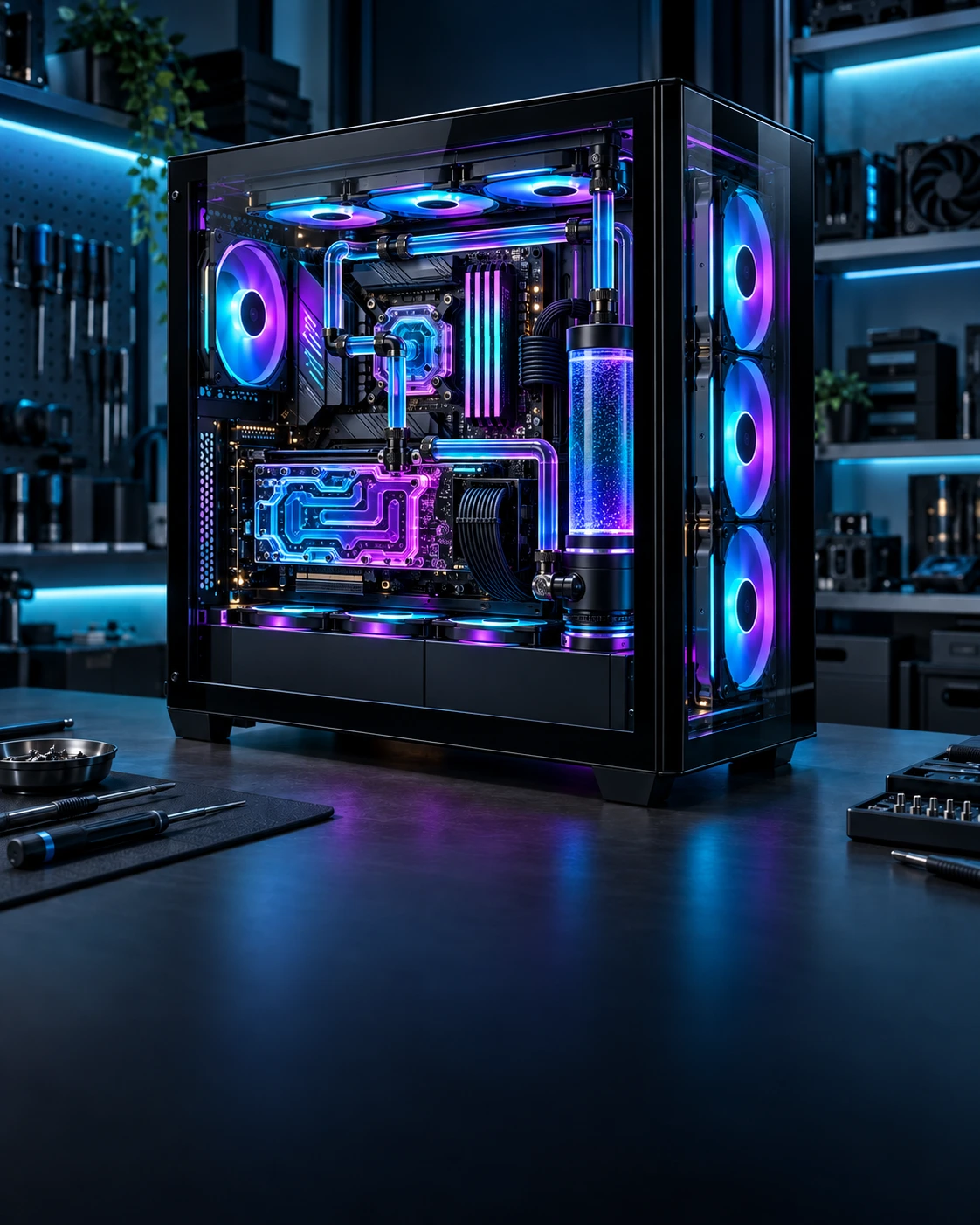 Ilustração de um computador com watercooling custom e iluminação RGB